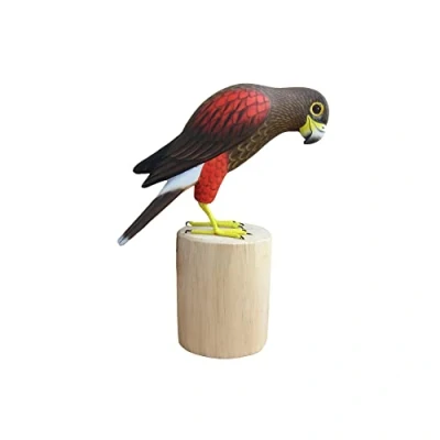 Image of Brave Wings Hand Carved Wooden Garden Bird Harris&#039;s hawk on Log OOAK Ornament Sculpture Figurine Statue Unique Table Decoration for Home Decor Gift Christmas and Birthdays 3533