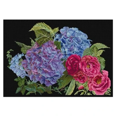 Image of Thea Gouverneur Counted Cross Stitch Kit Hydrangea &amp; Rose Aida Black 18 count Embroidery for Adults DMC Threads and other Supplies Included 442.05