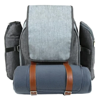 Image of Charles Bentley Grey 4 Person Picnic Bag Backpack Including Cutlery, Plates, Glasses, Blanket, Cool