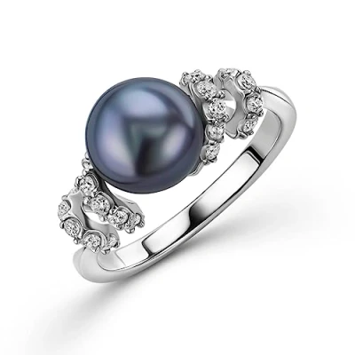 Image of OROVI Black Freshwater Pearl Ring Sterling Silver Setting with Cubic Zirconia Gems (Jewellery Set)