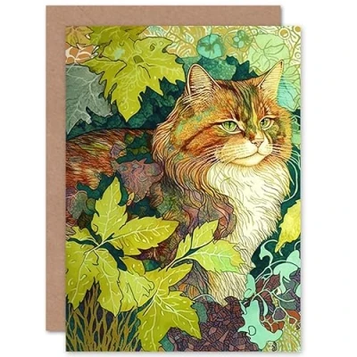 Image of Artery8 Ginger Cat Hiding in the Bush Tree Modern Colourful Illustration Art Birthday Sealed Greeting Card Plus Envelope Blank inside