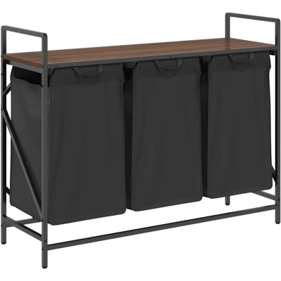 Image of vidaXL Laundry Basket 3 Compartments with Shelf Brown Oak