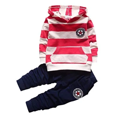 Image of Shiningup Baby Boys Long Sleeve Hooded Striped T Shirt and Pants Tracksuit, Blue, 1 2 Years