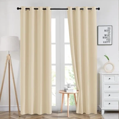 Image of Imperial Rooms Blackout Curtains for Bedroom Thermal Insulated Eyelet Cream 66x90 inch Drop Living Room Windows Treatments, Black Out Soft with 2 Tiebacks (167x228cm)