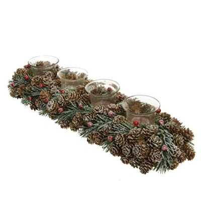 Image of Decoris 47cm Pinecone Tealight Holder with Red Berries