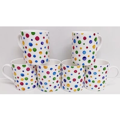 Image of Polka Dots Painted Effect Mugs Set of 6 Fine Bone China 350 ml 12 oz Chester Cups Multi Colour Spotty Chintz Hand Decorated UK