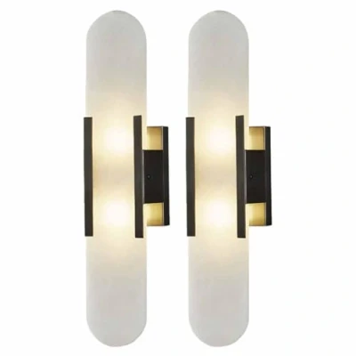 Image of TRIVIDHA Modern Marble Wall Sconce 2 Pack Alabaster Light Bathroom Vanity Lighting Stone Lamps Minimalist Design Art For Living Room Bedroom Hallway Balcony
