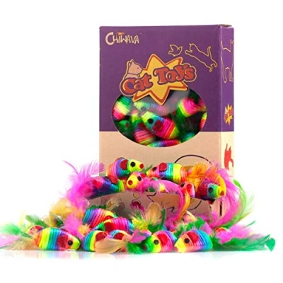 Image of CHIWAVA 24PCS 5&quot; Rattle Cat Toys Mice with Feather Rainbow Rope Mouse Kitten Interactive Toy Assorted Color