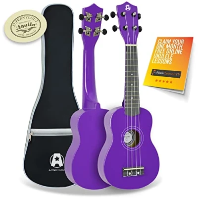 Image of A Star Soprano Beginner Ukulele in Purple with Premium Aquila Strings, FREE Padded Bag, Instrument for Adults/Kids 1 Month Online Lessons