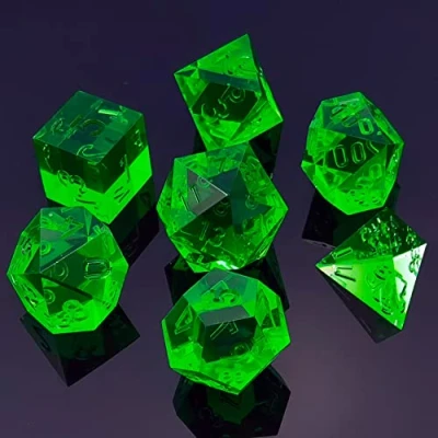 Image of Bescon Crystal Clear (Unpainted) Sharp Edge DND Dice Set of 7, Razor Edged Polyhedral D&amp;D for Dungeons and Dragons Role Playing Games, Emerald Color