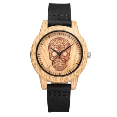 Image of JewelryWe Skull Imitation Wood Watch: Men’s Cool Round Analog Quartz Watch Punk Leather Wristwatch for Halloween