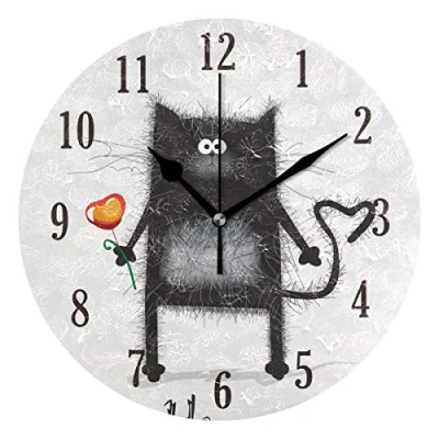 Image of Mnsruu Round Funny Cat Silent Wall Clock Decorative, Battery Operated Easy to Read for Indoor Living Room Bedroom