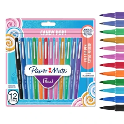 Image of Paper Mate Flair Felt Tip Pens Medium Point (0.7 mm) Marker Assorted Candy Pop Colouring For Kids &amp; Adult Colouring, Journalling More 12 Count