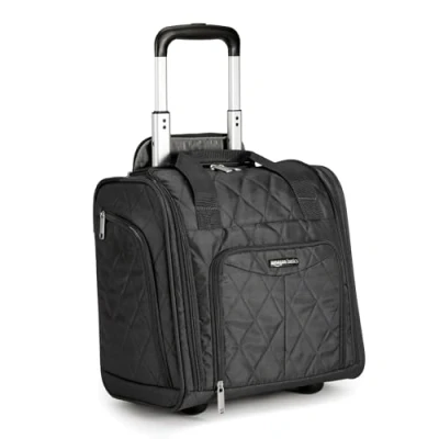 Image of Amazon Basics Underseat Travel Luggage/Suitcase with Telescopic Handle and 2 in line Skate Wheels 35.5 cm, Black Quilted