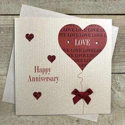 Image of WHITE COTTON CARDS Happy Anniversary Handmade Card with Heart/Love and Balloon, White, PD190