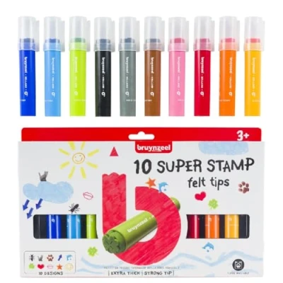 Image of Bruynzeel Kids Super Stamp Felt Tip Marker Set of 10 Colors Colorful Stamps, Drawing &amp; Coloring for Children