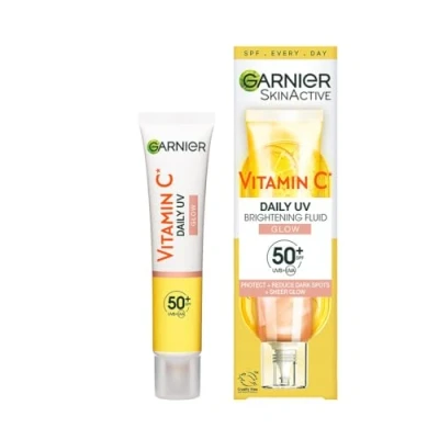 Image of Garnier Vitamin C Daily UV Brightening Fluid Sheer Glow, SPF50+, Prevents + Corrects Sun Damages Evens skin tone, Face &amp; Neck, For all types, Cruelty Free, Vegan, 50ml