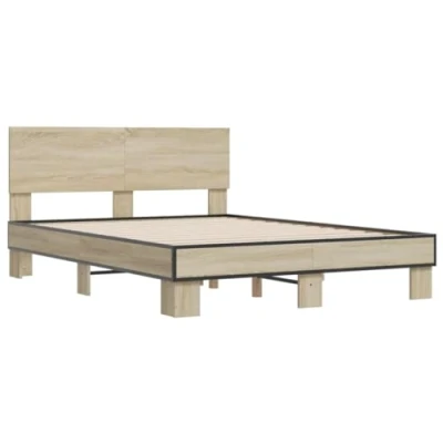 Image of vidaXL Sonoma Oak Engineered Wood and Metal Bed Frame 120x190 cm Contemporary Small Double with Plywood Slats Supportive Headboard