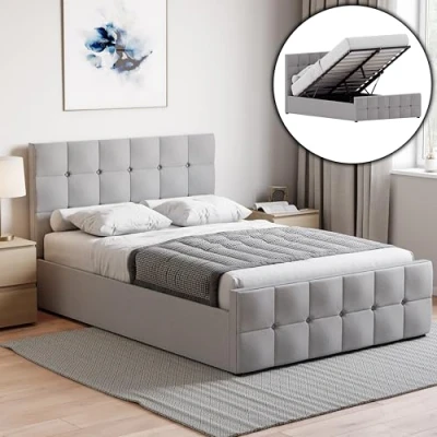 Image of Vida Designs Valentina Double Ottoman Bed, 4 Foot 6 Bed Frame Storage Lift Upholstered Fabric Headboard Bedroom Furniture, Light Grey Linen