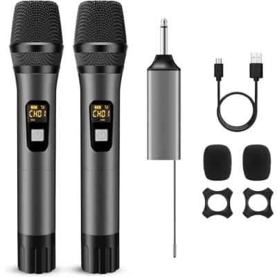 Image of voijump Wireless Microphones, Metal UHF Dual Handheld Dynamic Mic System,Microfonos Inalambricos with Rechargeable Receiver,200ft Range,for Karaoke, Speech, Wedding, Church, PA System,Singing Machine
