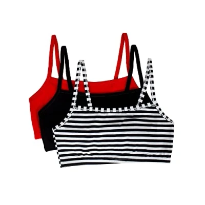 Image of Fruit of the Loom Women&#039;s Spaghetti Strap Cotton Pullover Sports Bra, Opaque, Skinny Stripe/Black Hue/Red Hot, 38 (Pack 3)
