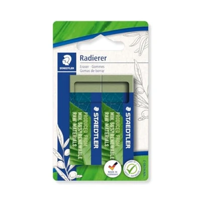 Image of STAEDTLER Eraser, Eraser Made from up to 56% Natural and Renewable Content, Phthalate Latex Free, Sliding Cuff, Size 65 x 23 13 mm, 2 Olive Green erasers on Blister Card, 526 80BK2