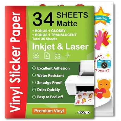 Image of Premium Printable Vinyl Sticker Paper 34 Sheets A4 Matte Waterproof Laser &amp; Inkjet That Dries Quickly Compatible with Cricut