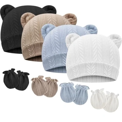 Image of DRESHOW Newborn Baby Beanie Hat and Gloves, Girl Spring Summer Autumn Winter Hats for 0 6 Months Infant Cotton