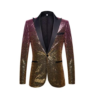 Image of PYJTRL Men Fashion Gradual Change Color Sequins Suit Jacket (Pink Gold, S)
