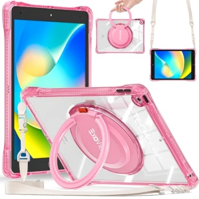 Image of TECHGEAR ExoView Case for Apple iPad 10.2&quot; 2021/2020/2019 [9th/8th/7th Generation] Tough Rugged Slim Shockproof Clear with Stand, 360 Rotating Ring Grip Hand Holder &amp; Shoulder Strap Pink