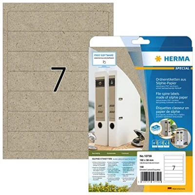 Image of HERMA Self Adhesive Spine Labels, 7 Labels per A4 Sheet, 20 Sheets, 192 x 38 mm, 140 Blank Lever Arch File Folder Stickers, Sticky Silphie for Laser &amp; Inkjet Printer, Natural Brown