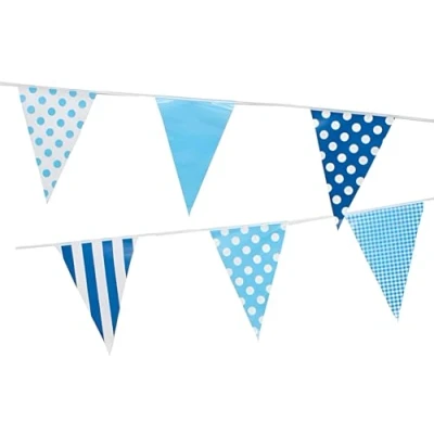 Image of 10 Metre Vintage Gingham Polka Dot &amp; Striped Bunting with 20 Triangle Pennant Flags Hanging Garland Banner Party Decoration (Blue)