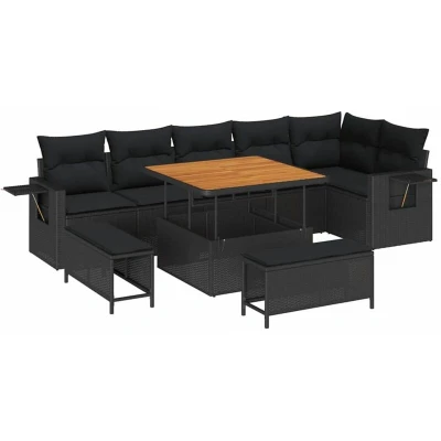 Image of vidaXL 9 Piece Garden Sofa Set with Cushions Black Poly Rattan Acacia