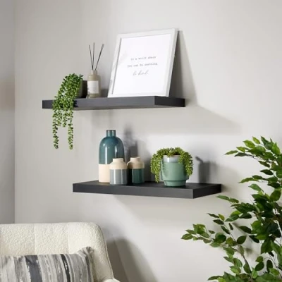 Image of Home Source Pair of 2 Floating Wall Mounted Storage Shelf Wooden DVD Book Shelves, Matt Black, 60 cm