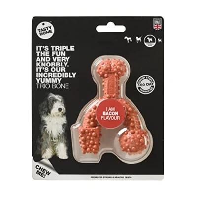 Image of TastyBone TrioBone Nylon Dog Chew Toy for Small Dogs (Bacon) Indestructible Aggressive Chewers, Everlasting Flavour, Strong Healthy Teeth, Made in the UK