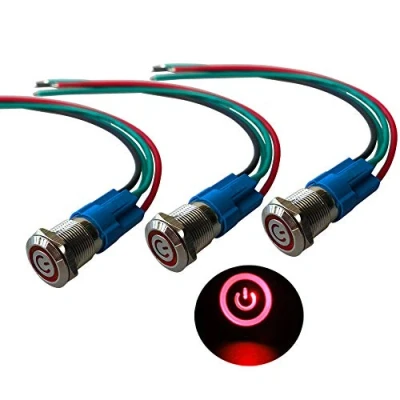 Image of QitinDasen 3Pcs Premium 12mm Self Locking Latching Push Button Switch, 12V / 24V 3A Car Ignition Starter Red LED Light Stainless Steel IP66 Waterproof Switch with Socket Plug Wire