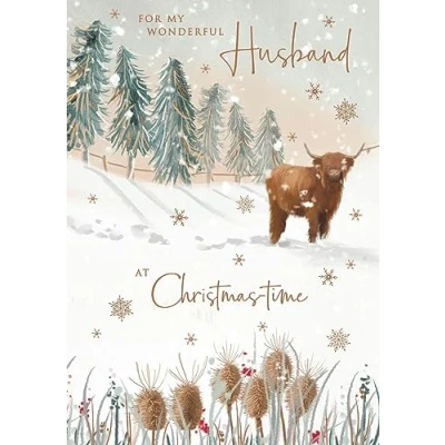 Image of Nigel Quiney Wonderful Husband Christmas Card Highland Cow and Thistles with Foil Finish Eco Friendly Recyclable
