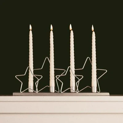 Image of Garden Mile Christmas Candle Holder 4 Candlestick Star Ornament Silver Decorations Taper for Table Centrepiece, Decoration (Silver Stars)