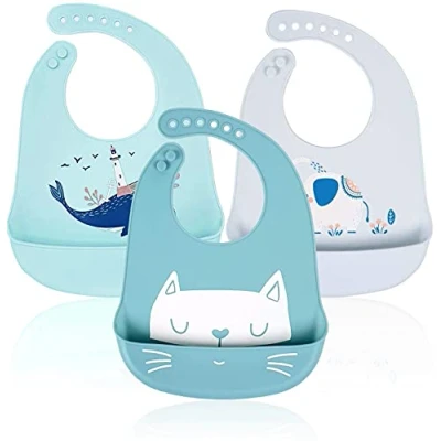 Image of Rightwell Silicone Bib 3 pcs Bibs for Babies and Toddlers Unisex Waterproof Baby Super Soft Easily Wipe Clean with Wide Food Crumb Catcher Pocket