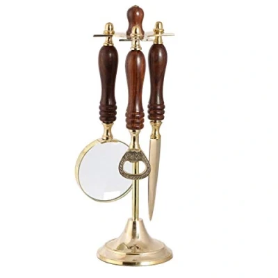 Image of Wood &amp; Brass Letter Opener, Magnifying Glass Bottle Opener Office Gift Set (BR72)
