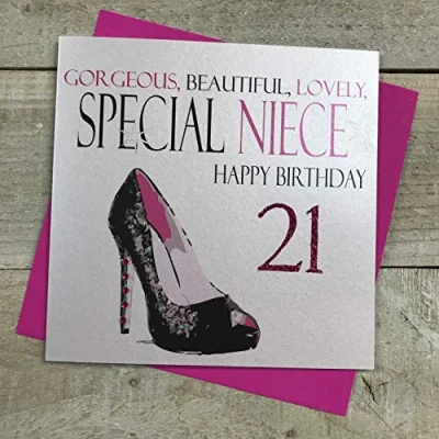 Image of white cotton cards Handmade Gorgeous, Beautiful, Lovely, Special Niece Happy Birthday 21&quot; Neon Range Code N304 21 21st Card, White,