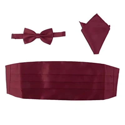 Image of Satin Bow Tie, Handkerchief and Cummerbund Set for men Red One size