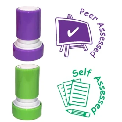 Image of 2 Stamp Set: Self assessed and Peer Inking Teacher Stamps. Reinkable. 22mm^
