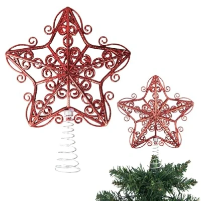 Image of 14.5cm Red Glitter Star Christmas Tree Topper Shatterproof for Decorations Xmas Treetop Crown Holiday Ornament