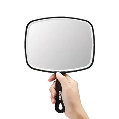Image of MUJGAN Large Hand Mirror with Comfy Handle Big Handheld for Barber Shops, Hairdressing, Dental Offices, Home Self Hair Cutting and Make Up Application