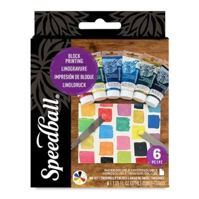 Image of Speedball Water Soluble Block Printing Ink Starter Set, 6 Bold Colors with Satiny Finish, 1.25 Ounce Tubes