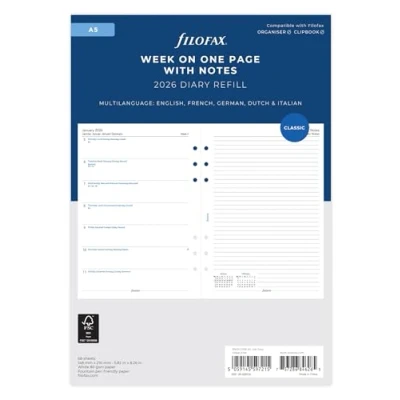 Image of Filofax A5 week on one page with notes 5 language 2026 diary 26 68509