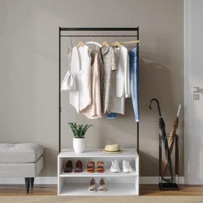 Image of URBNLIVING Wooden Shoe Rack Shelf Storage &amp; Metal Clothes Coat Garment Hanging Display Rail