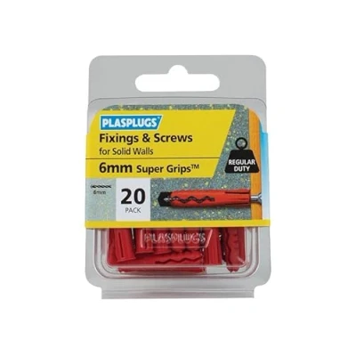 Image of Plasplugs Solid Wall Super Grips Fixings Red &amp; Screws Pack of 20 PLASWRS20