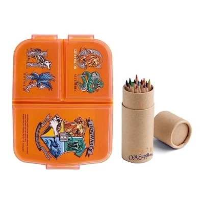 Image of OM SUPPLIES Harry Potter Reusable Sandwich Lunch Box 3 Multi Compartment Kids Children School Includes Half Size 12pcs Pencil Set (Harry)